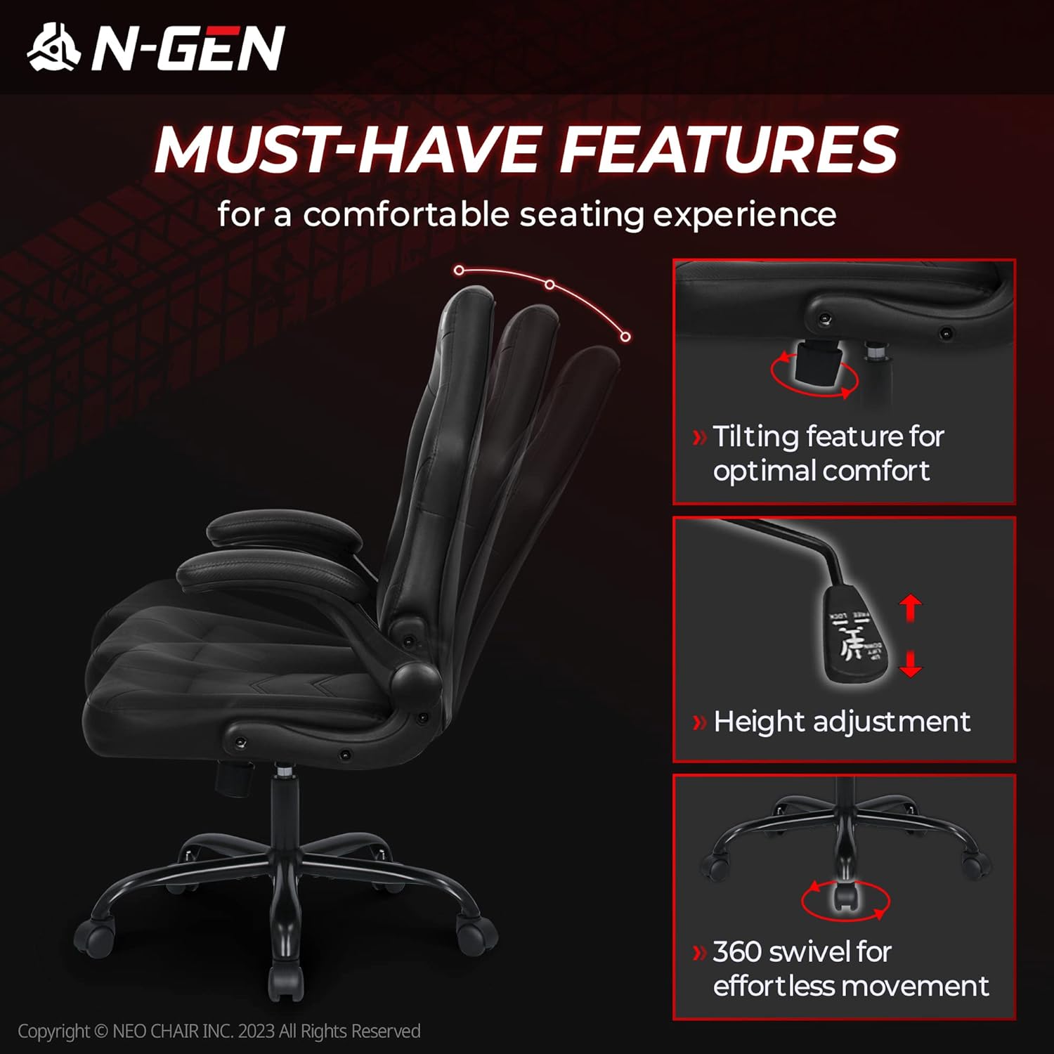 N-GEN Video Gaming Computer Chair Ergonomic Office Chair Desk Chair with Lumbar Support Flip Up Arms Adjustable Height Swivel PU Leather Executive with Wheels for Adults Women Men (Pink)