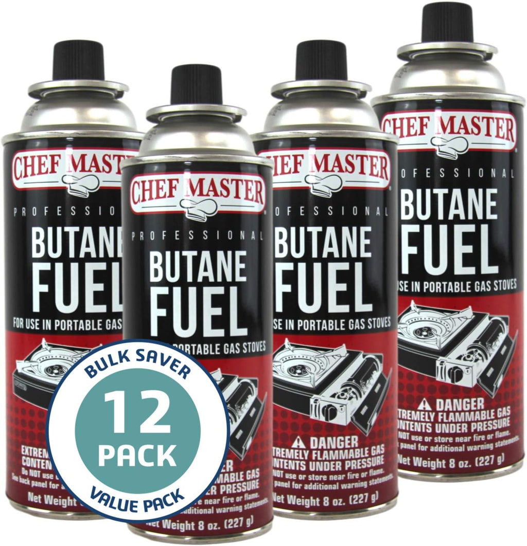 72 x 8oz. Butane Fuel Canister, Butane Fuel Refill for Butane Camp Stove, Kitchen Torch, Butane Tin Can for Portable Stove for Emergencies, Cooking, Grilling, Picnic & Camping by Chef Master 90340