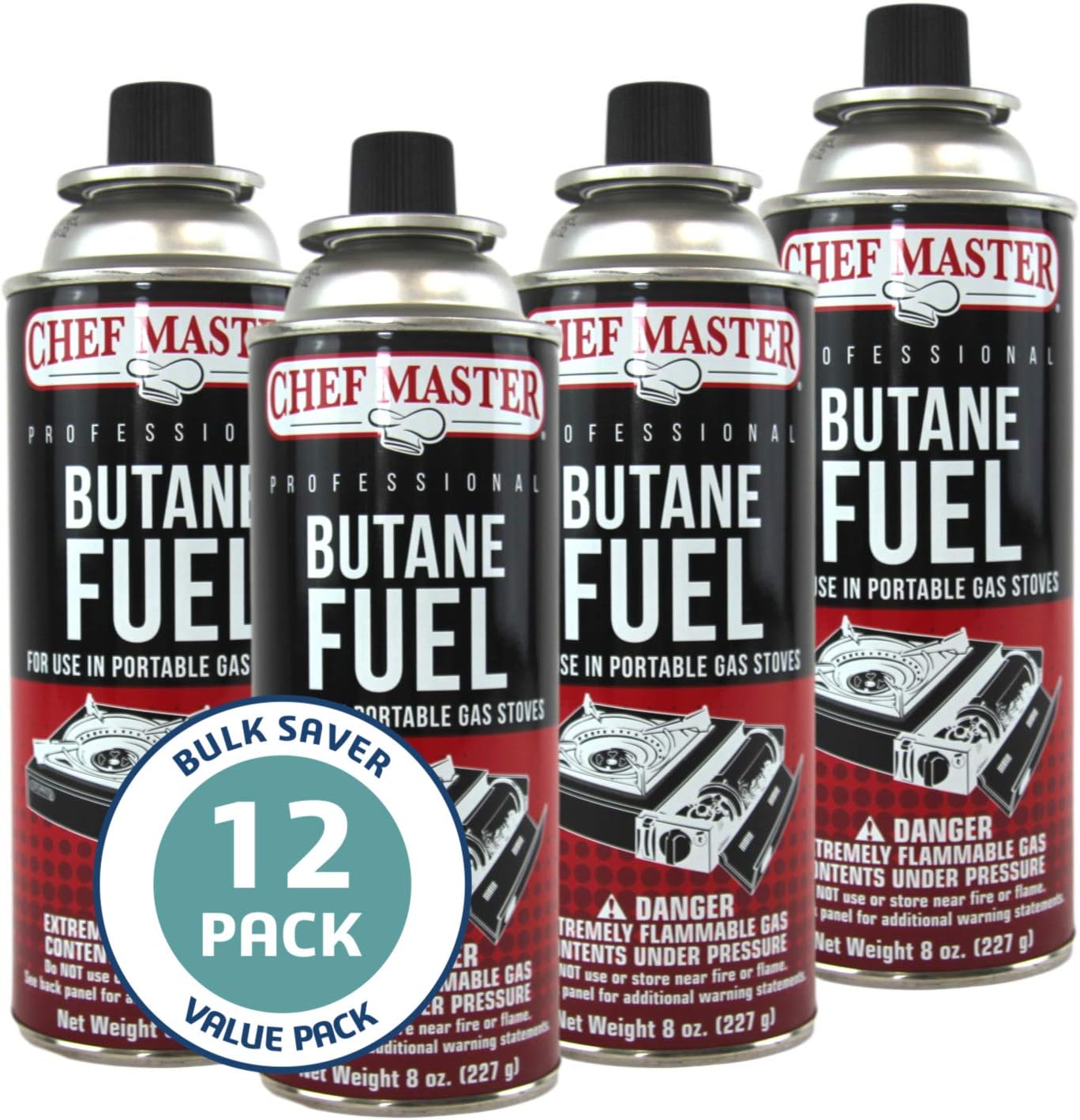72 x 8oz. Butane Fuel Canister, Butane Fuel Refill for Butane Camp Stove, Kitchen Torch, Butane Tin Can for Portable Stove for Emergencies, Cooking, Grilling, Picnic & Camping by Chef Master 90340