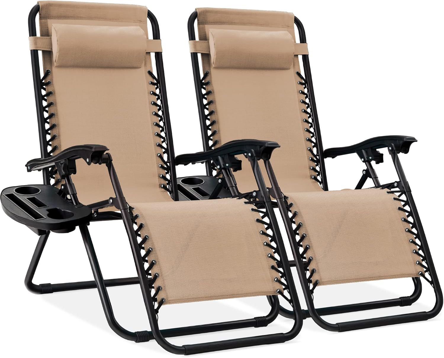 Best Choice Products Set of 2 Adjustable Steel Mesh Zero Gravity Lounge Chair Recliners w/Pillows and Cup Holder Trays - Beige