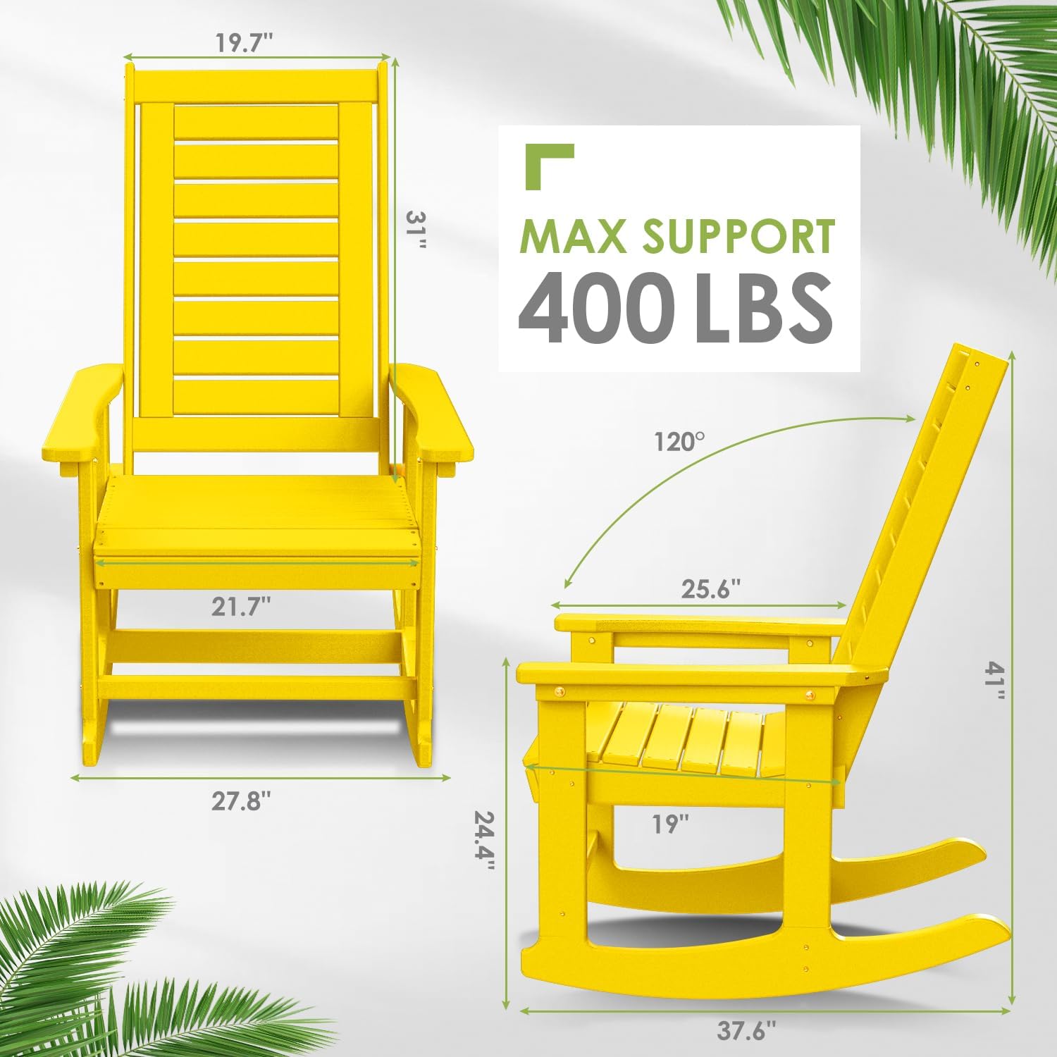 GREENVINES Outdoor Rocking Chairs | Set of 2 | Porch Rocker | HDPE Plastic | Black | Oversized Rockers | High Back | Big & Tall | Ladder Back | for Patio Outside Backyard Balcony Garden