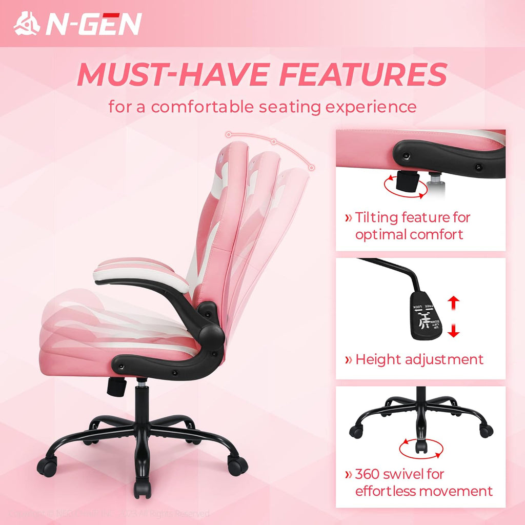 N-GEN Video Gaming Computer Chair Ergonomic Office Chair Desk Chair with Lumbar Support Flip Up Arms Adjustable Height Swivel PU Leather Executive with Wheels for Adults Women Men (Pink)