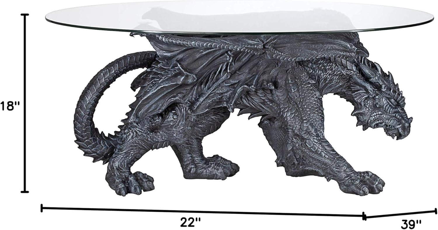 Design Toscano Warwickshire Dragon Gothic Decor Glass Topped Coffee Table, 39 Inch, Greystone