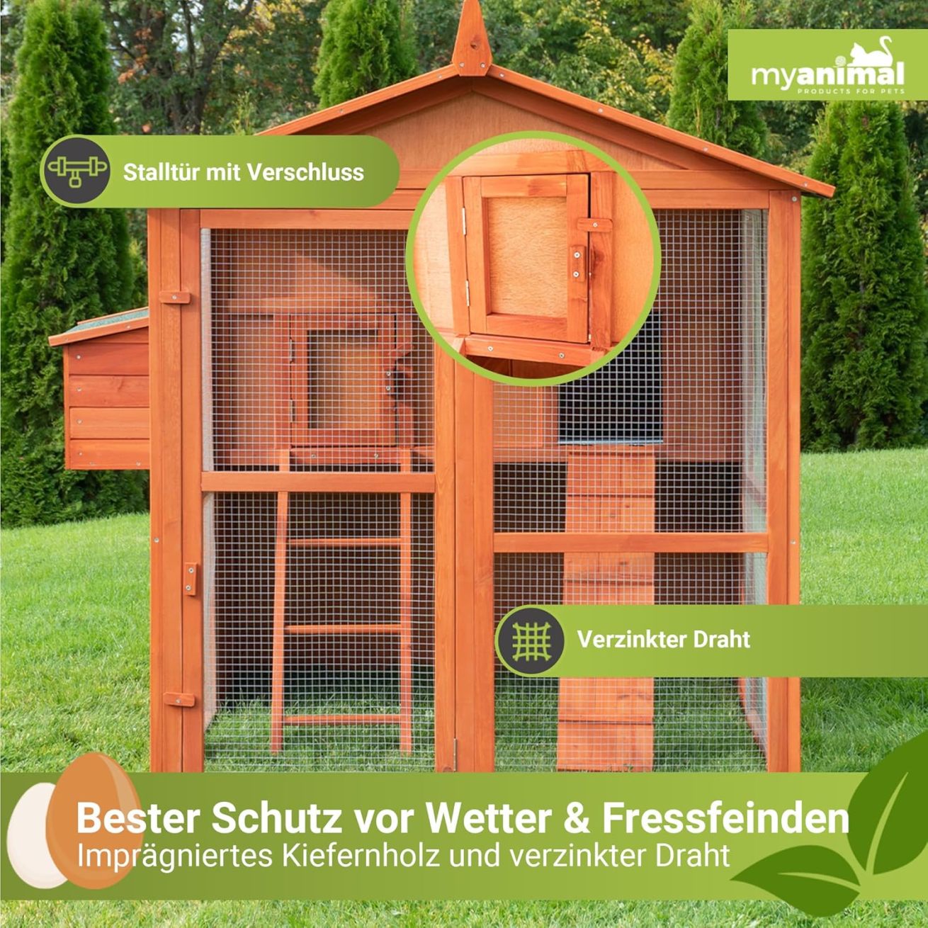 Miweba MyAnimal Hühnerstall MH-15 XXL | 186x146x147 cm - Für 7 Hühner - Nistkasten mit Freilaufgehege - Sitzstange - Winterfest - 2 Ebenen - Hühnerhaus mit Eiablage - Kiefernholz - Voliere (Braun)