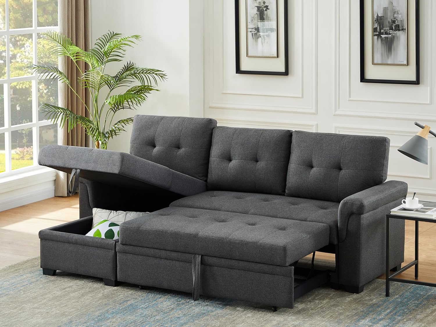 Lilola Home Lucca 84-inch Reversible Sleeper Sectional Sofa with Pull-Out Bed & Storage Chaise, Dark Gray Linen Fabric, Tufted Back, Modern Compact Couch for Living Room, Easy Assembly