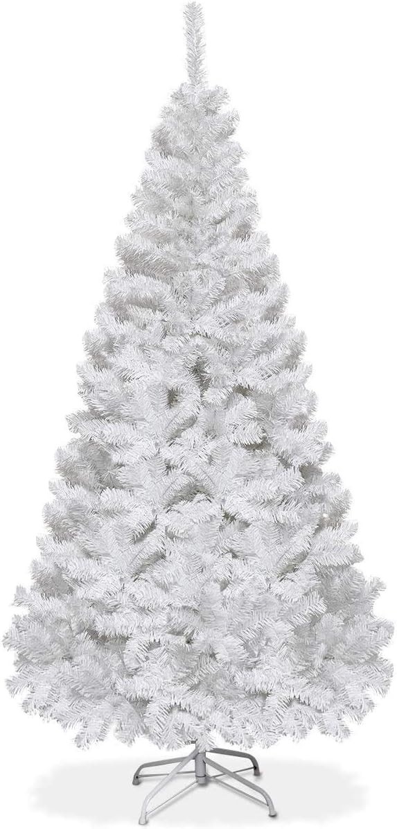 Goplus 7ft Artificial White Christmas Tree Xmas Pine Tree with Solid Metal Legs Perfect for Indoor and Outdoor Holiday Decoration