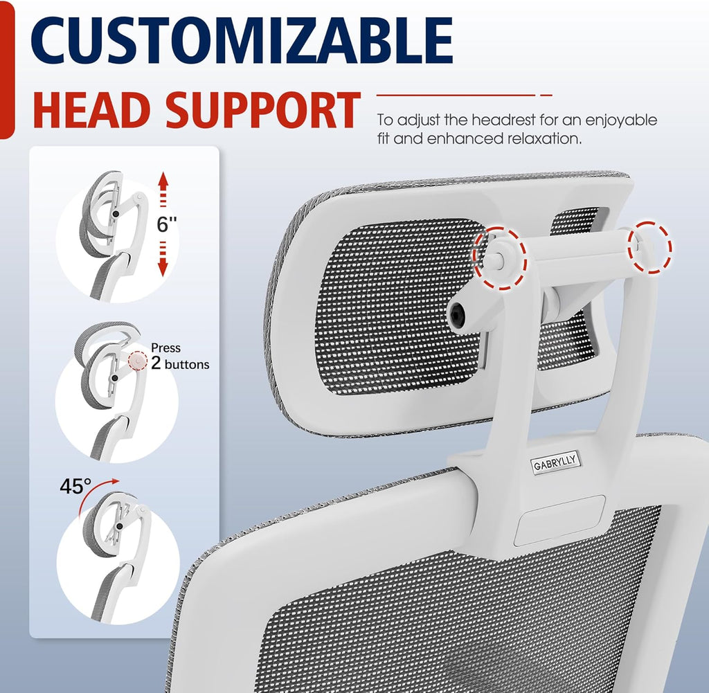 GABRYLLY Ergonomic Office Chair, High Back Home Desk Chair with Headrest, Flip-Up Arms, 90-120° Tilt Lock and Wide Cushion, Big and Tall Mesh Chairs for Man Woman, Grey Task Chair