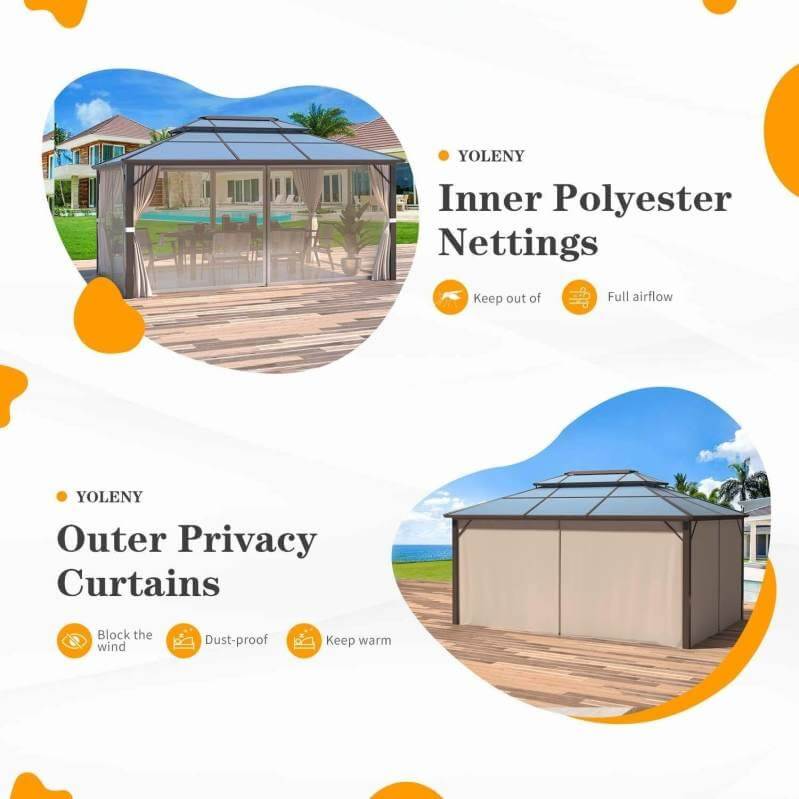（Limit one per order）10'x13' Outdoor Polycarbonate Double Roof Hard Top Gazebo