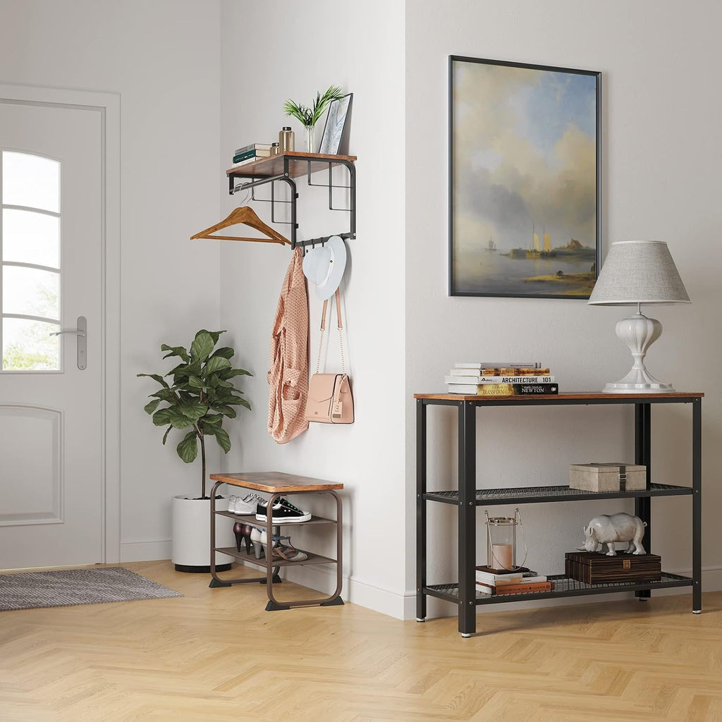 VASAGLE Shoe Bench, Storage Bench with Cupboard and 9 Open Compartments, Shoe Shelf, Padded Seat, Barn Door, 11.8 x 43.3 x 18.9 Inches, Rustic Brown ULHS058X01