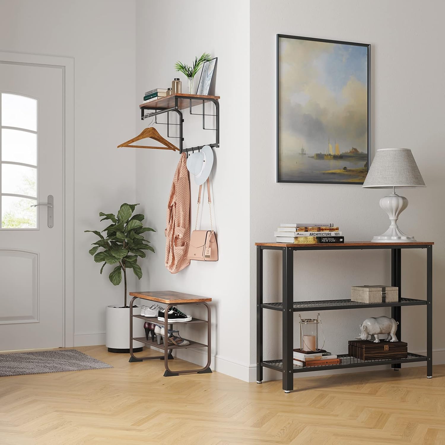 VASAGLE Shoe Bench, Storage Bench with Cupboard and 9 Open Compartments, Shoe Shelf, Padded Seat, Barn Door, 11.8 x 43.3 x 18.9 Inches, Rustic Brown ULHS058X01