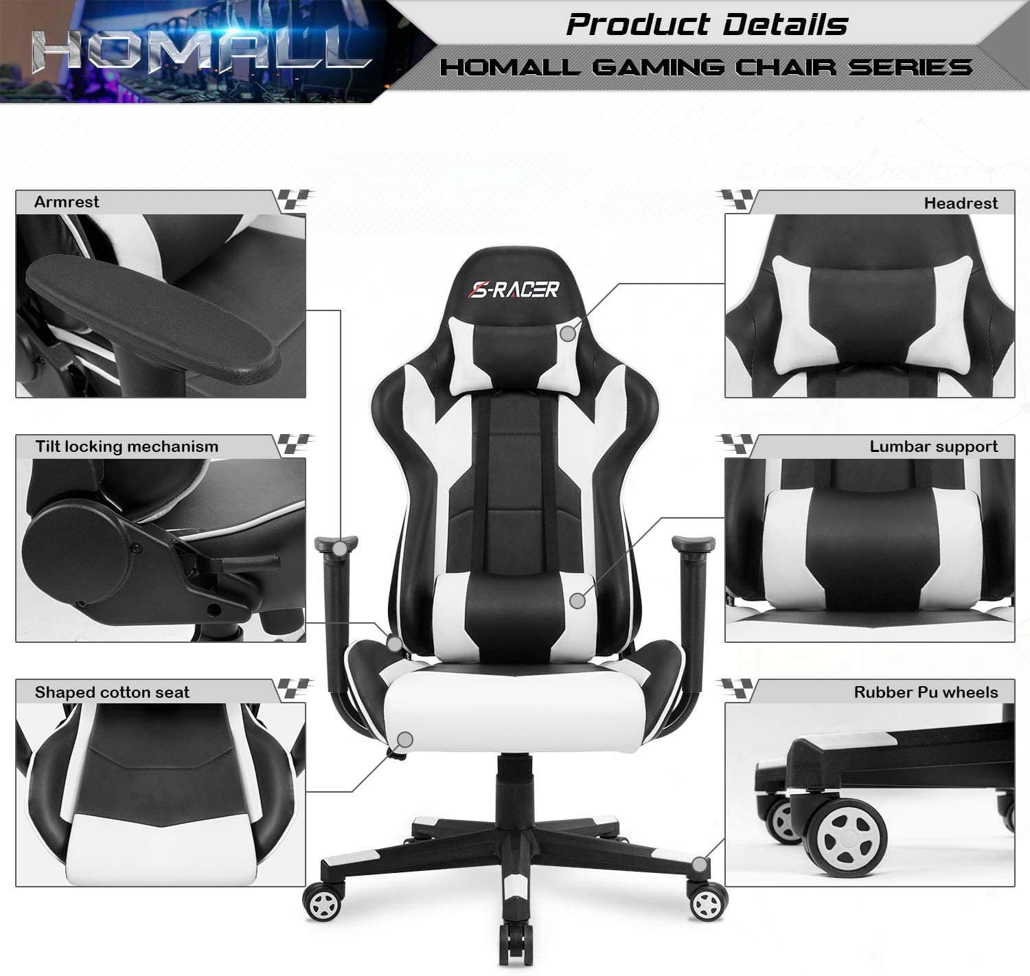 Homall Gaming Chair, Office Chair High Back Computer Chair Leather Desk Chair Racing Executive Ergonomic Adjustable Swivel Task Chair with Headrest and Lumbar Support (Dark Black)