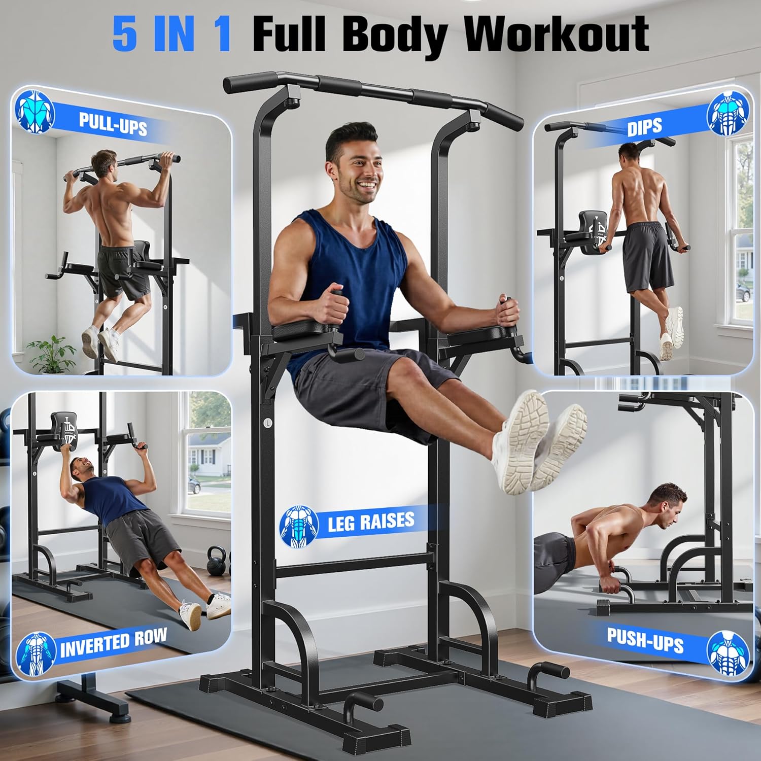 Sportsroyals Pull Up Bar Dip Station Power Tower Assistive Trainer Multi-Function Home Gym Strength Training Fitness Equipment 450LBS