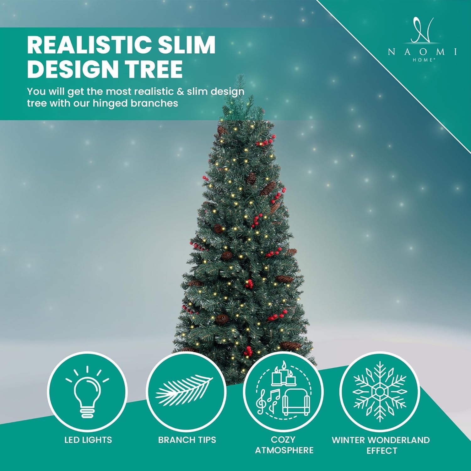 Naomi Home 6.5ft Rustic Christmas Tree with Lights, Realistic Classic Prelit with 2595 Branch Tips, 600 Warm Lights and Metal Stand, Aritificial Tree