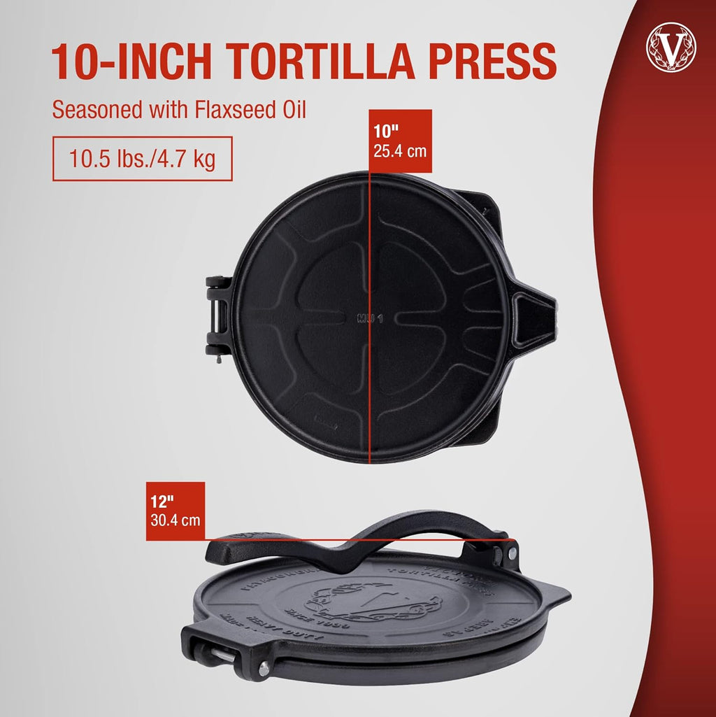 Victoria 10-Inch Commercial-Grade Cast-Iron Tortilla Press, Made from Super-Durable HD Iron, Made in Colombia