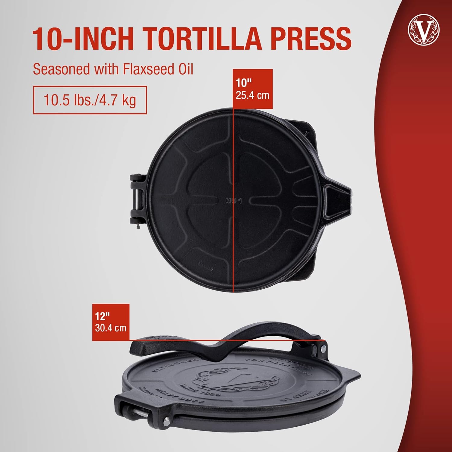 Victoria 10-Inch Commercial-Grade Cast-Iron Tortilla Press, Made from Super-Durable HD Iron, Made in Colombia
