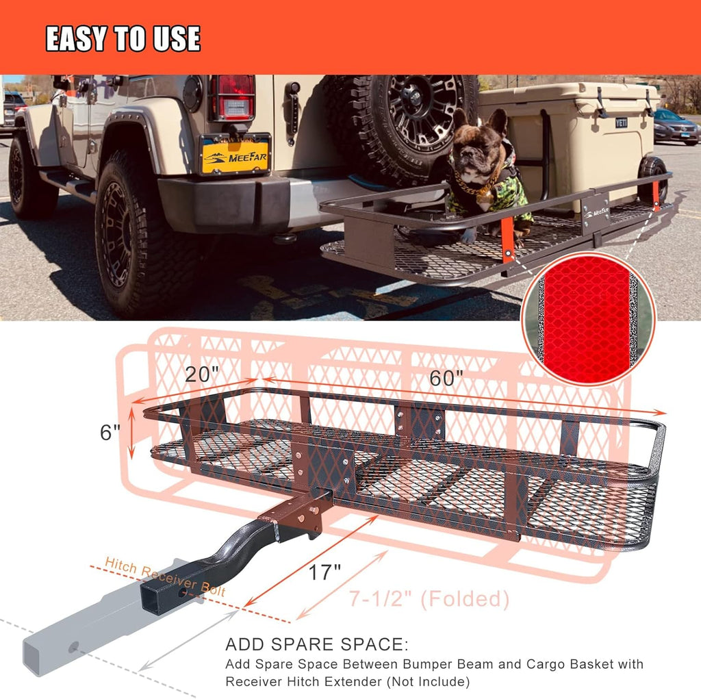 MeeFar High Rail Trailer Folding Hitch Mount Cargo Carrier Basket 60" X 24" X 14"+Waterproof Cargo Bag 20 cu ft(59" 24" 24"), Capacity of 500 Lbs with Hitch Stabilizer, Net, Lock and Straps