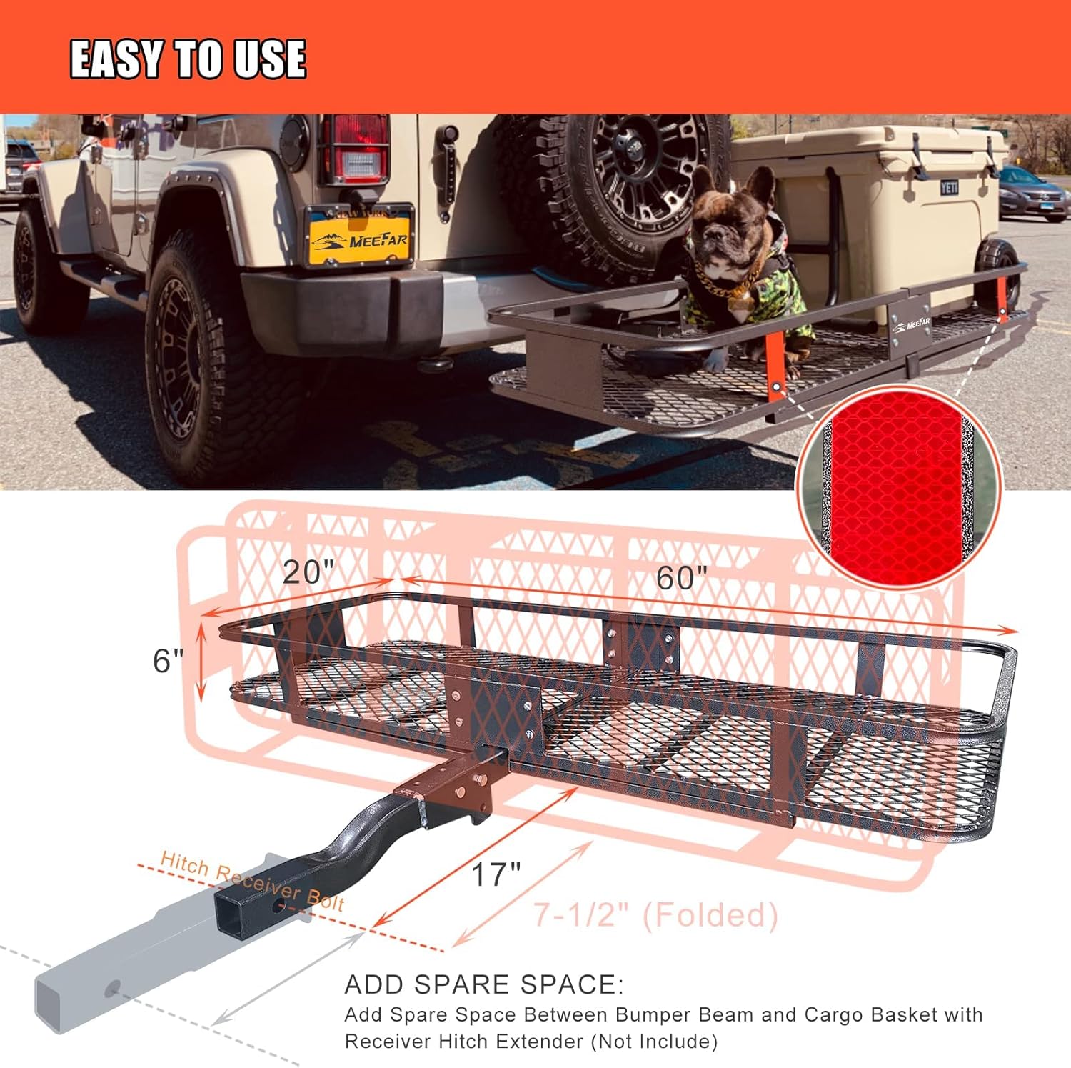 MeeFar High Rail Trailer Folding Hitch Mount Cargo Carrier Basket 60" X 24" X 14"+Waterproof Cargo Bag 20 cu ft(59" 24" 24"), Capacity of 500 Lbs with Hitch Stabilizer, Net, Lock and Straps
