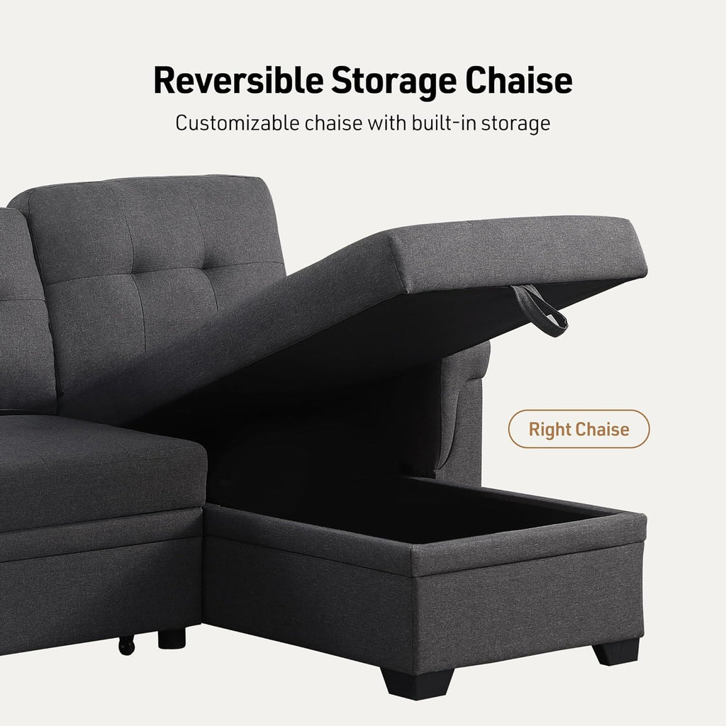 Lilola Home Lucca 84-inch Reversible Sleeper Sectional Sofa with Pull-Out Bed & Storage Chaise, Dark Gray Linen Fabric, Tufted Back, Modern Compact Couch for Living Room, Easy Assembly