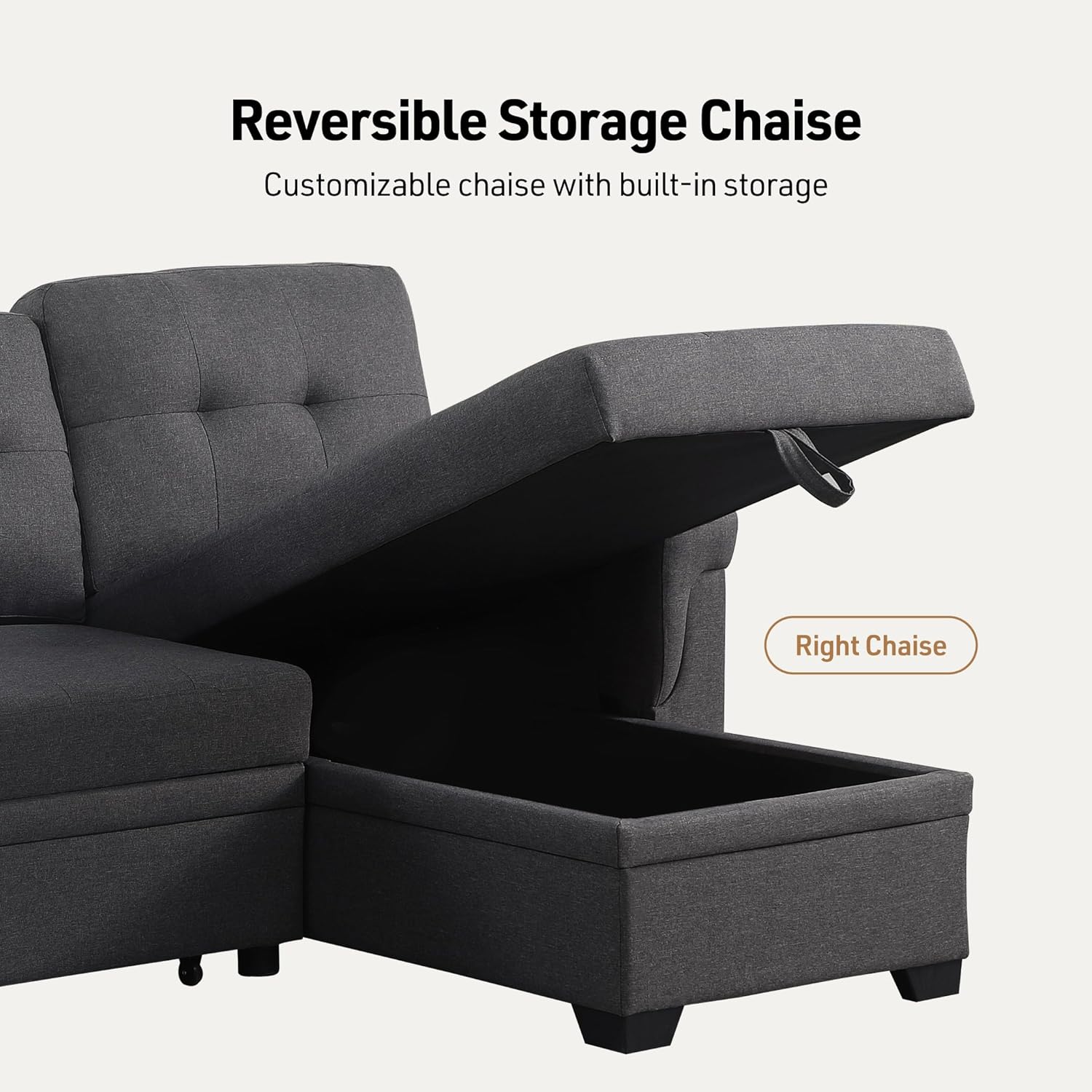 Lilola Home Lucca 84-inch Reversible Sleeper Sectional Sofa with Pull-Out Bed & Storage Chaise, Dark Gray Linen Fabric, Tufted Back, Modern Compact Couch for Living Room, Easy Assembly