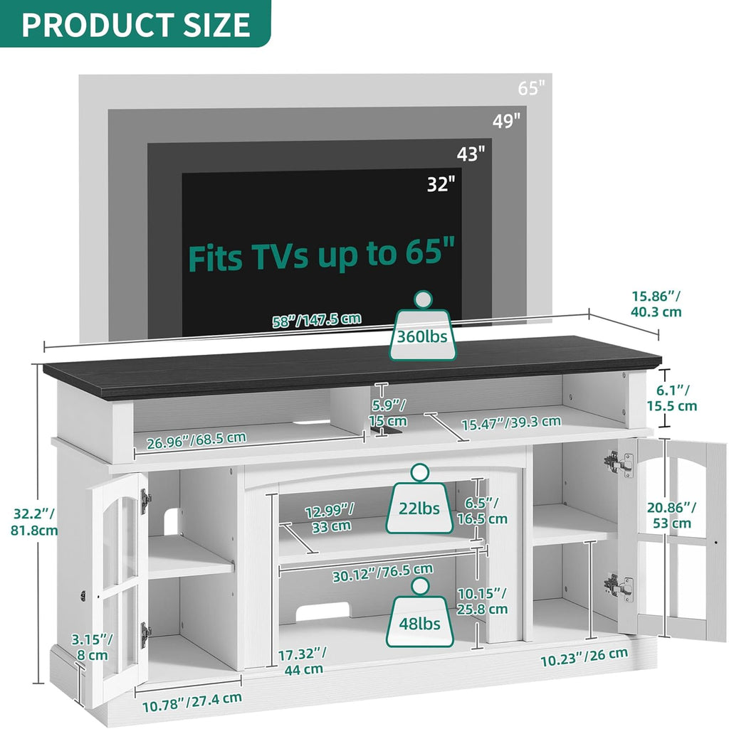 LED Farmhouse TV Stand for TV up to 75" w/Outlets, Highboy Media Entertainment Center Console Table Adjustable Storage Shelves &Cabinet Glass Door for 400lbs for Living Room