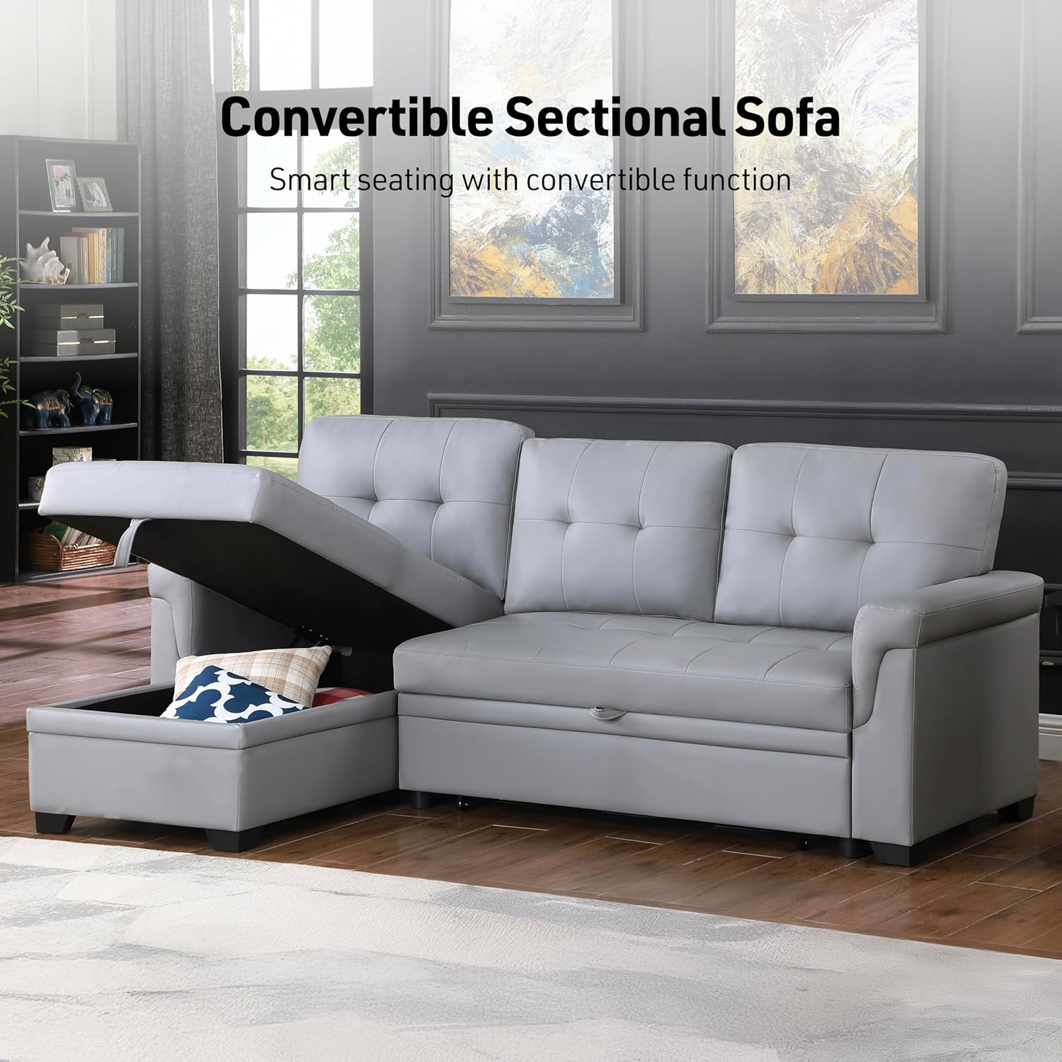 Lilola Home Lucca 84-inch Reversible Sleeper Sectional Sofa with Pull-Out Bed & Storage Chaise, Dark Gray Linen Fabric, Tufted Back, Modern Compact Couch for Living Room, Easy Assembly
