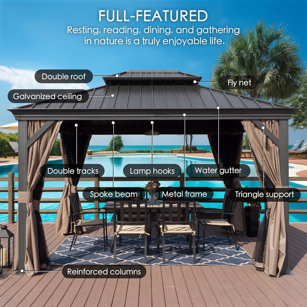 Kozyard Alexander 10' X 12' Hardtop, Aluminum Metal Gazebo with Galvanized Steel Double Roof Canopy, Curtain and Netting, Permanent Pavilion for Patio, Backyard, Deck, Lawn (Gray)