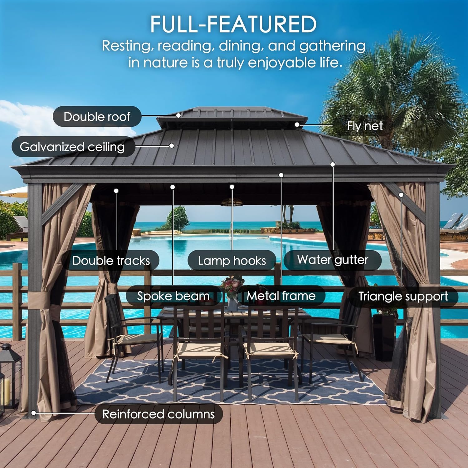 Kozyard Alexander 10' X 12' Hardtop, Aluminum Metal Gazebo with Galvanized Steel Double Roof Canopy, Curtain and Netting, Permanent Pavilion for Patio, Backyard, Deck, Lawn (Gray)