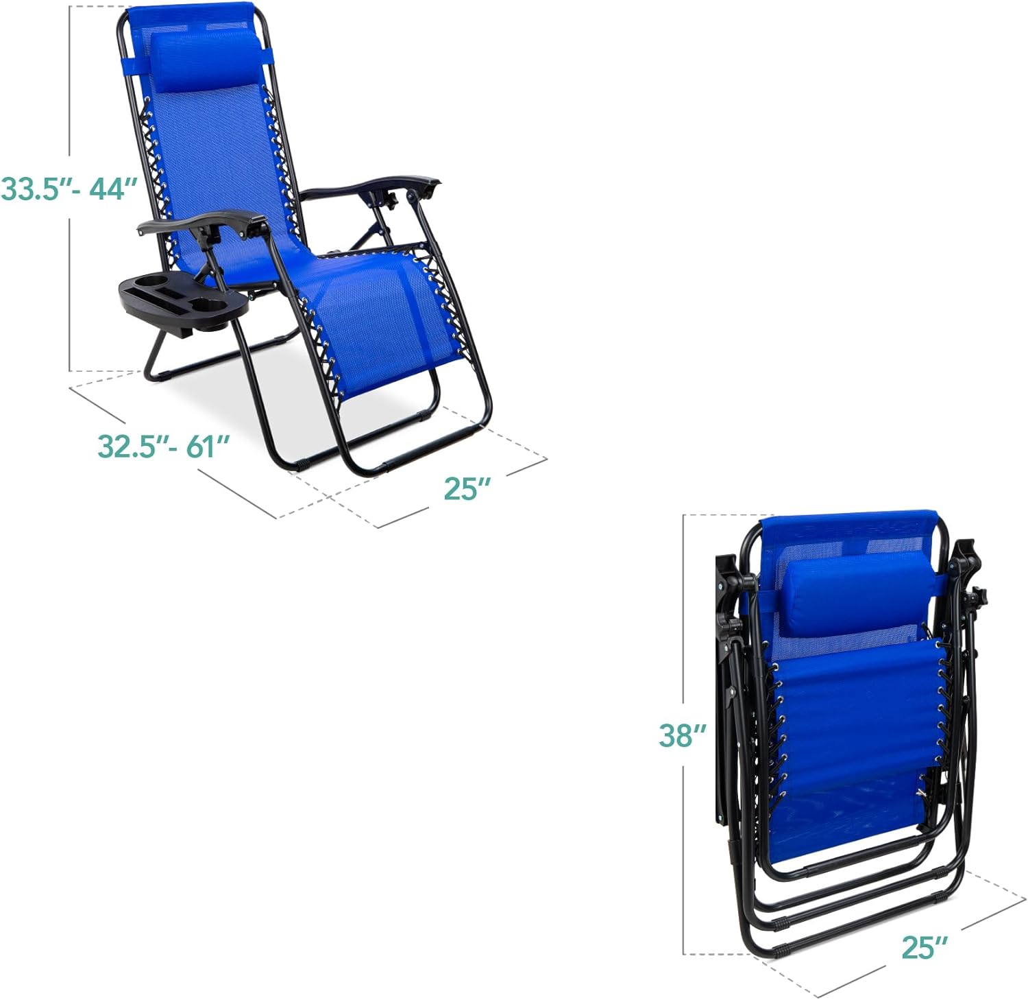 Best Choice Products Set of 2 Adjustable Steel Mesh Zero Gravity Lounge Chair Recliners w/Pillows and Cup Holder Trays - Beige