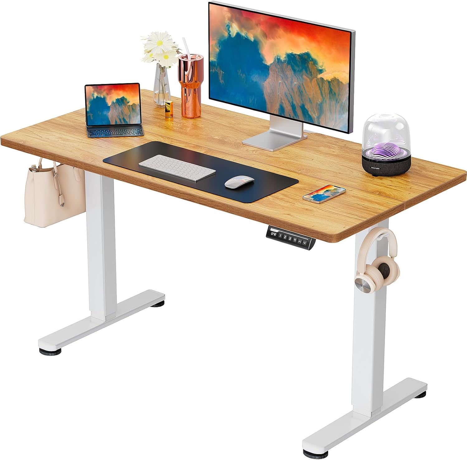 ErGear Height Adjustable Electric Standing Desk, 40 x 24 Inches Sit Stand up Desk, Memory Computer Home Office Desk (Light Vintage Brown)
