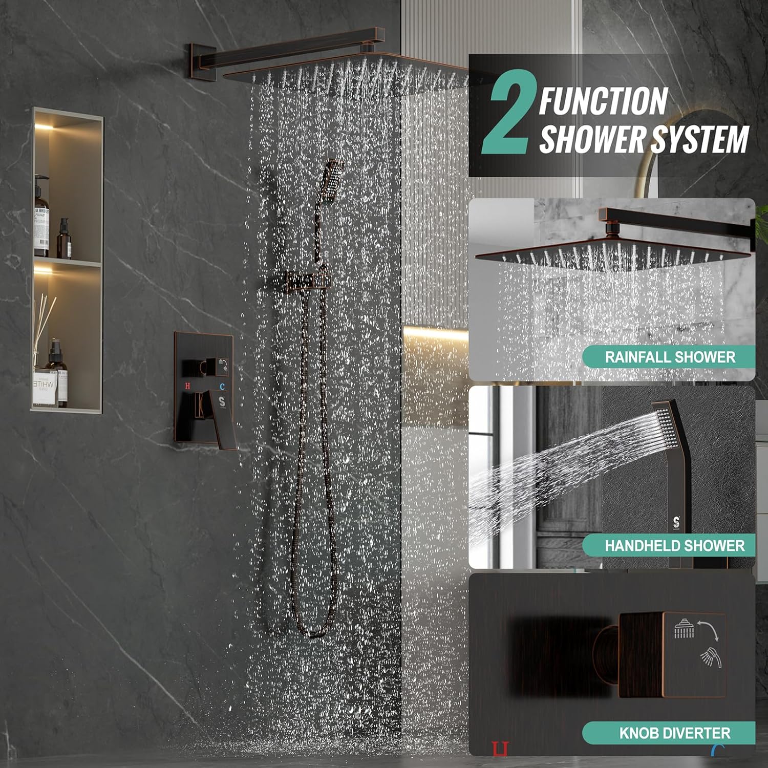 SR SUN RISE 12 Inches Matte Black Shower System 12 Inch Brass Bathroom Luxury Rain Mixer Shower Combo Set Wall Mounted Rainfall Shower Head System Shower Faucet Rough-in Valve Body and Trim Included