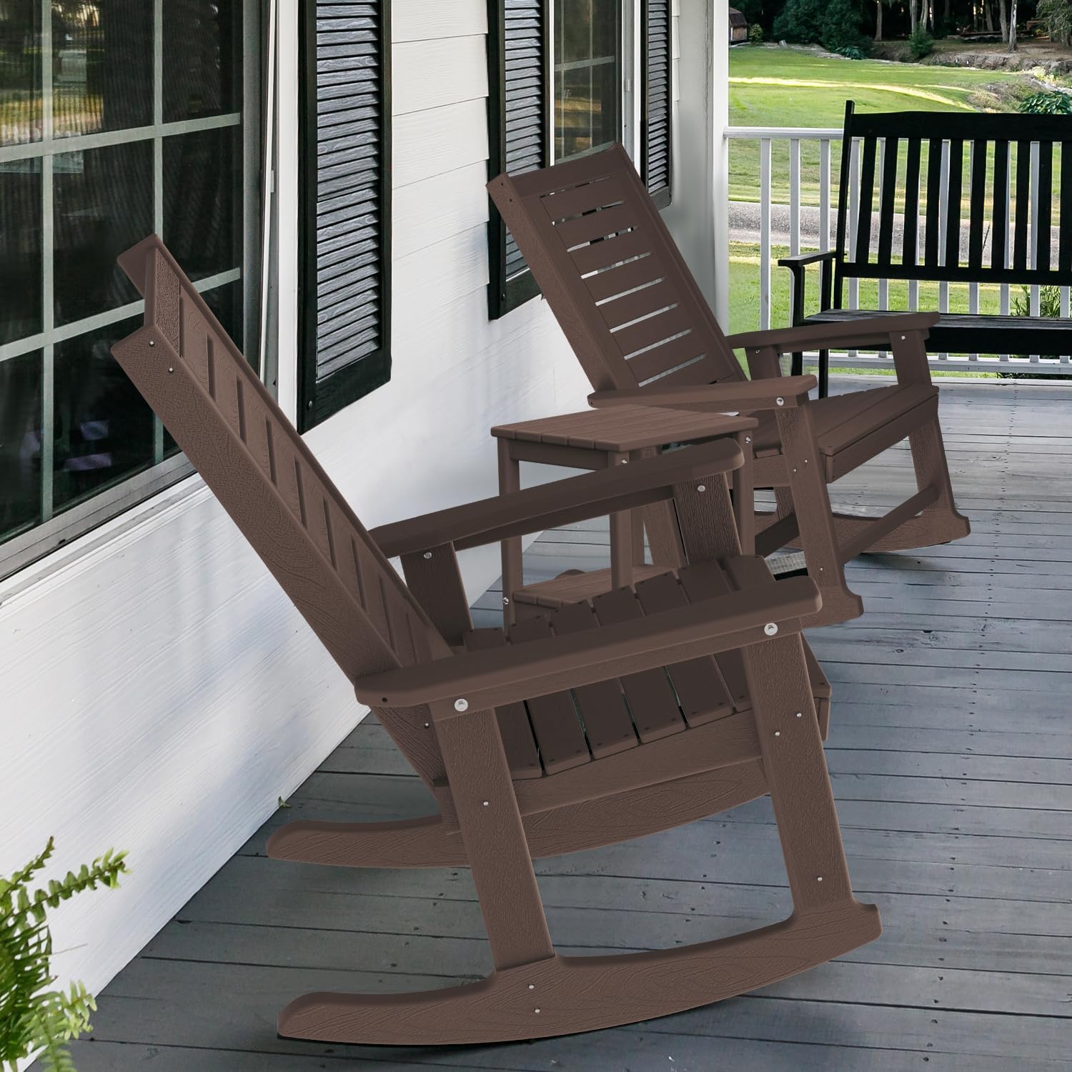 GREENVINES Outdoor Rocking Chairs | Set of 2 | Porch Rocker | HDPE Plastic | Black | Oversized Rockers | High Back | Big & Tall | Ladder Back | for Patio Outside Backyard Balcony Garden