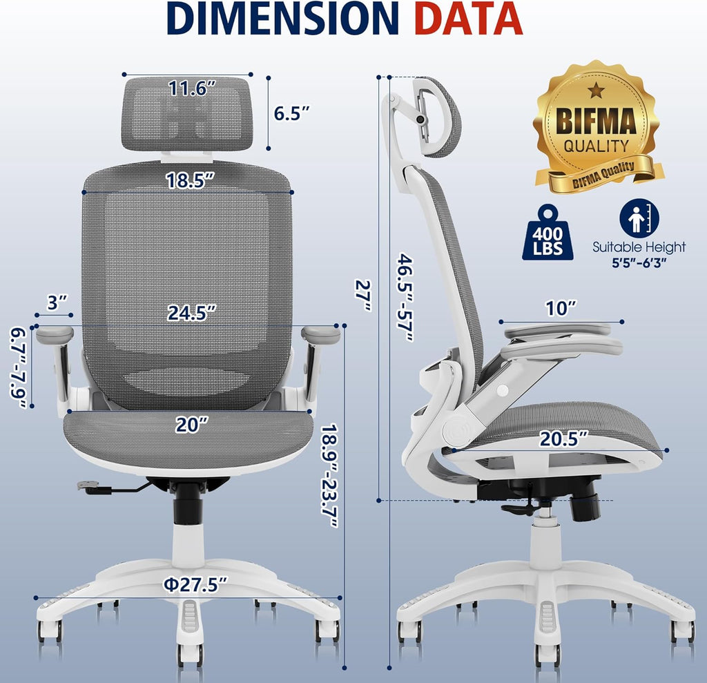 GABRYLLY Ergonomic Office Chair, High Back Home Desk Chair with Headrest, Flip-Up Arms, 90-120° Tilt Lock and Wide Cushion, Big and Tall Mesh Chairs for Man Woman, Grey Task Chair