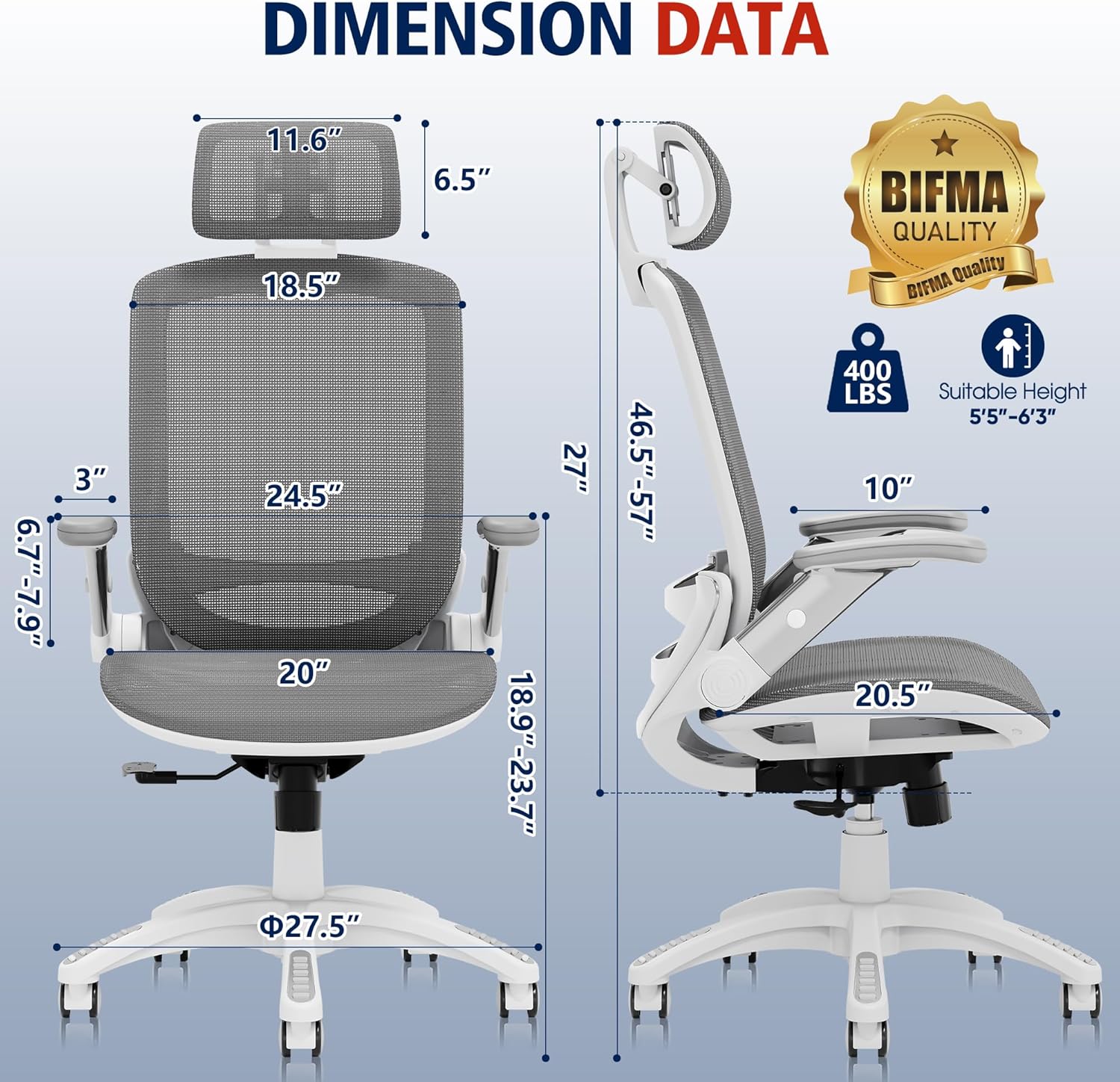 GABRYLLY Ergonomic Office Chair, High Back Home Desk Chair with Headrest, Flip-Up Arms, 90-120° Tilt Lock and Wide Cushion, Big and Tall Mesh Chairs for Man Woman, Grey Task Chair