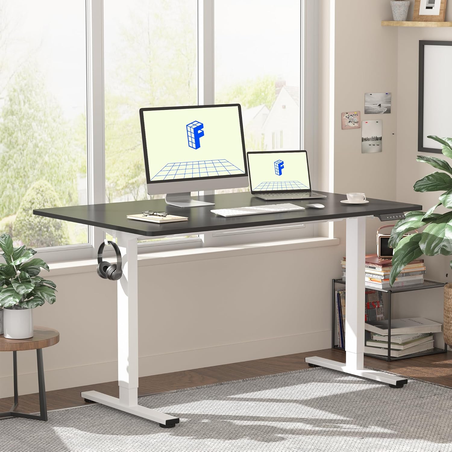 FLEXISPOT EN1 One-Piece Standing Desk 55 x 28 Inch Electric Adjustable Height Desk for Home Office and Computer Workstation (White Frame + 55" Maple Top, 2 Packages)