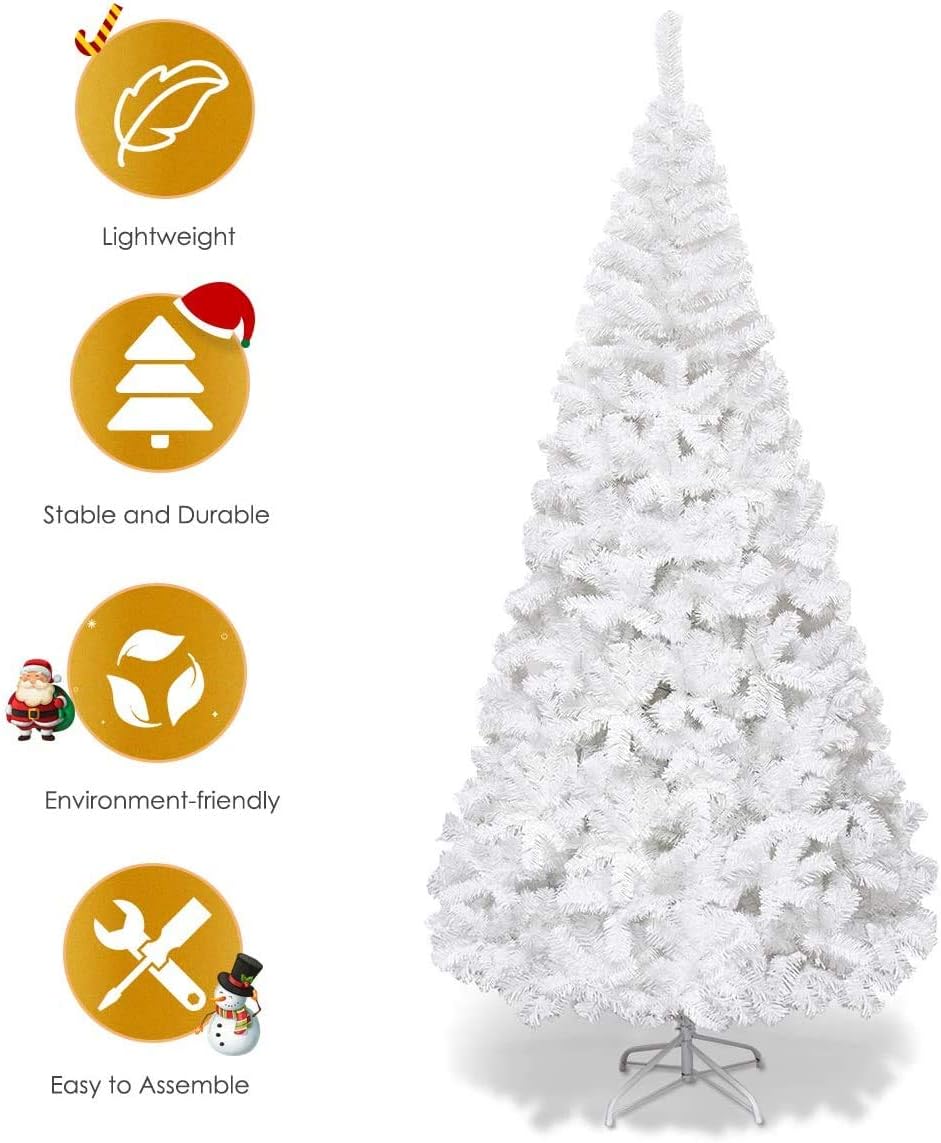 Goplus 7ft Artificial White Christmas Tree Xmas Pine Tree with Solid Metal Legs Perfect for Indoor and Outdoor Holiday Decoration