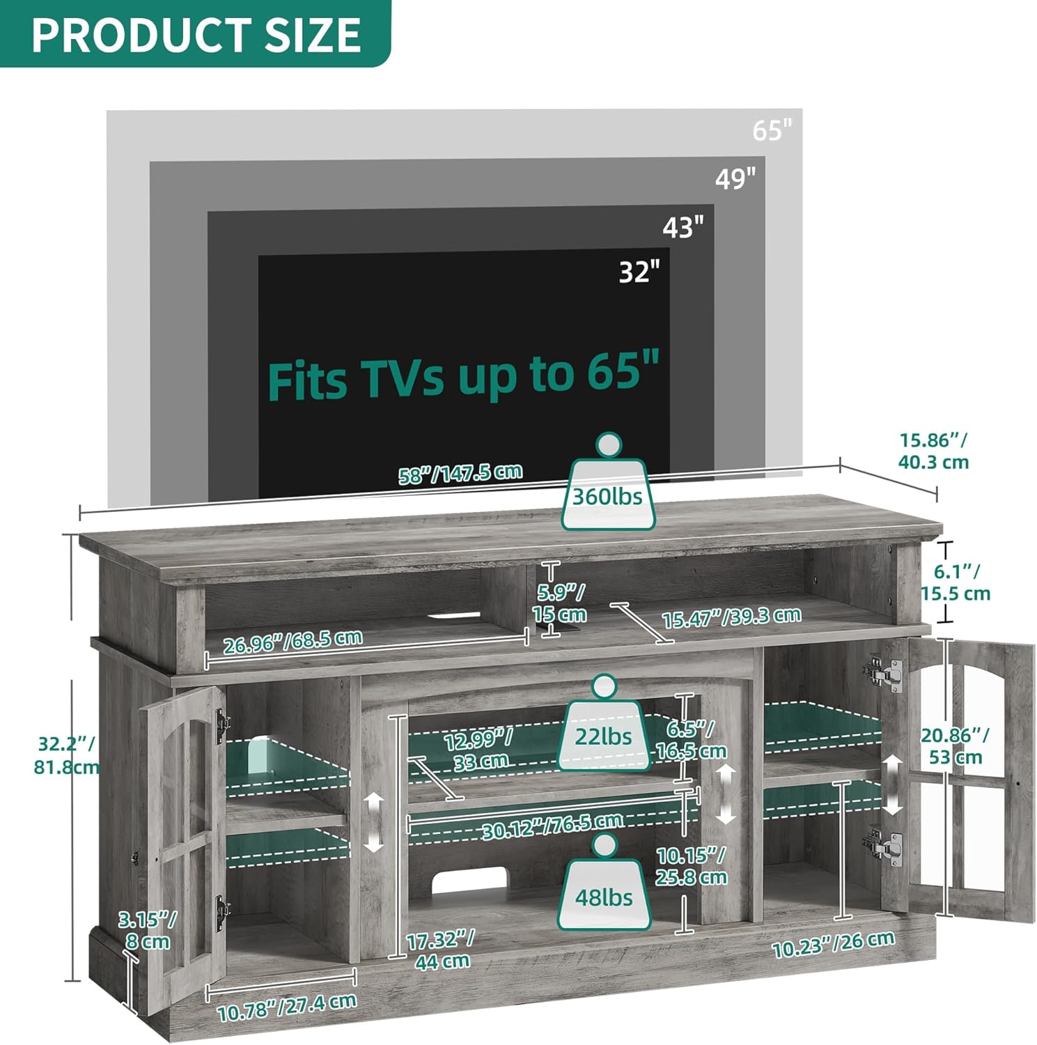 LED Farmhouse TV Stand for TV up to 75" w/Outlets, Highboy Media Entertainment Center Console Table Adjustable Storage Shelves &Cabinet Glass Door for 400lbs for Living Room