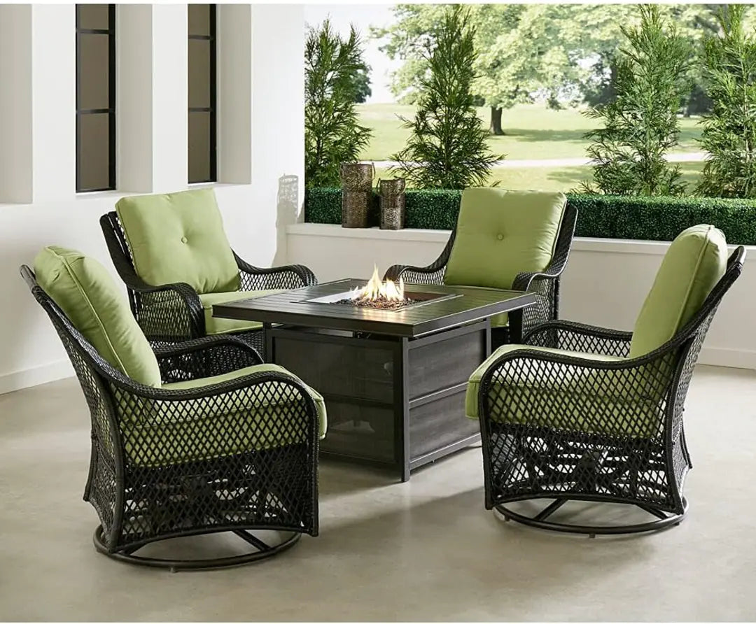 2025 New Hanover Orleans 5-Piece Steel Patio Fire Pit Conversation Set with Cushions, Swivel Gliders and Square Fire Pit Table