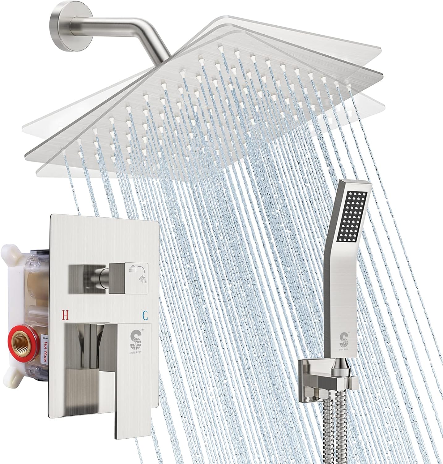 SR SUN RISE 12 Inches Matte Black Shower System 12 Inch Brass Bathroom Luxury Rain Mixer Shower Combo Set Wall Mounted Rainfall Shower Head System Shower Faucet Rough-in Valve Body and Trim Included