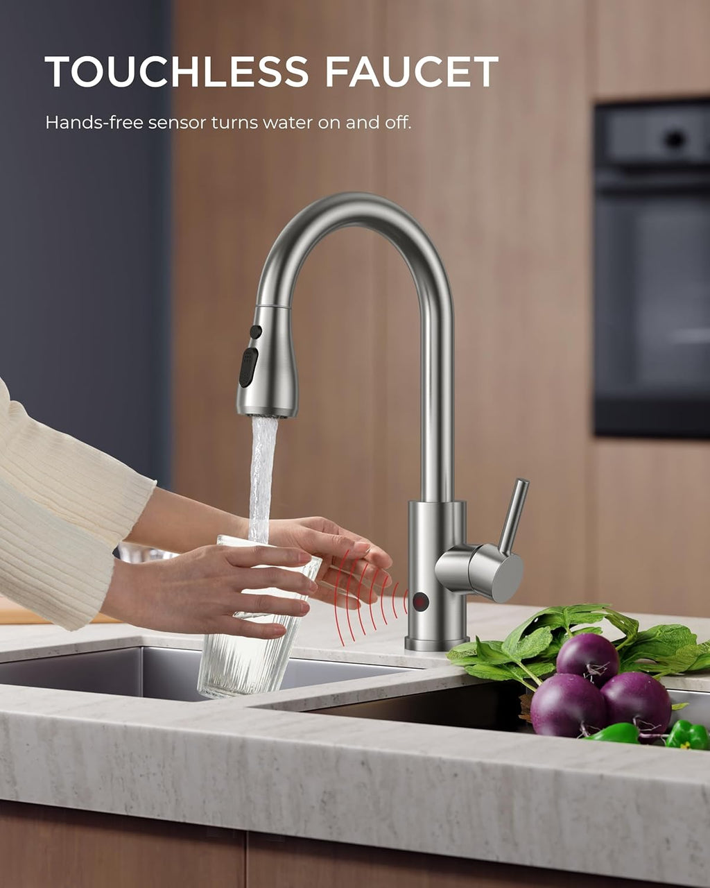 FORIOUS Touchless Kitchen Faucets, Brushed Nickel Kitchen Faucet with Pull Down Sprayer, Single Handle Smart Motion Sensor Kitchen Sink Faucet,Contemporary Hands-Free Sink Faucet for Farmhouse Laundry