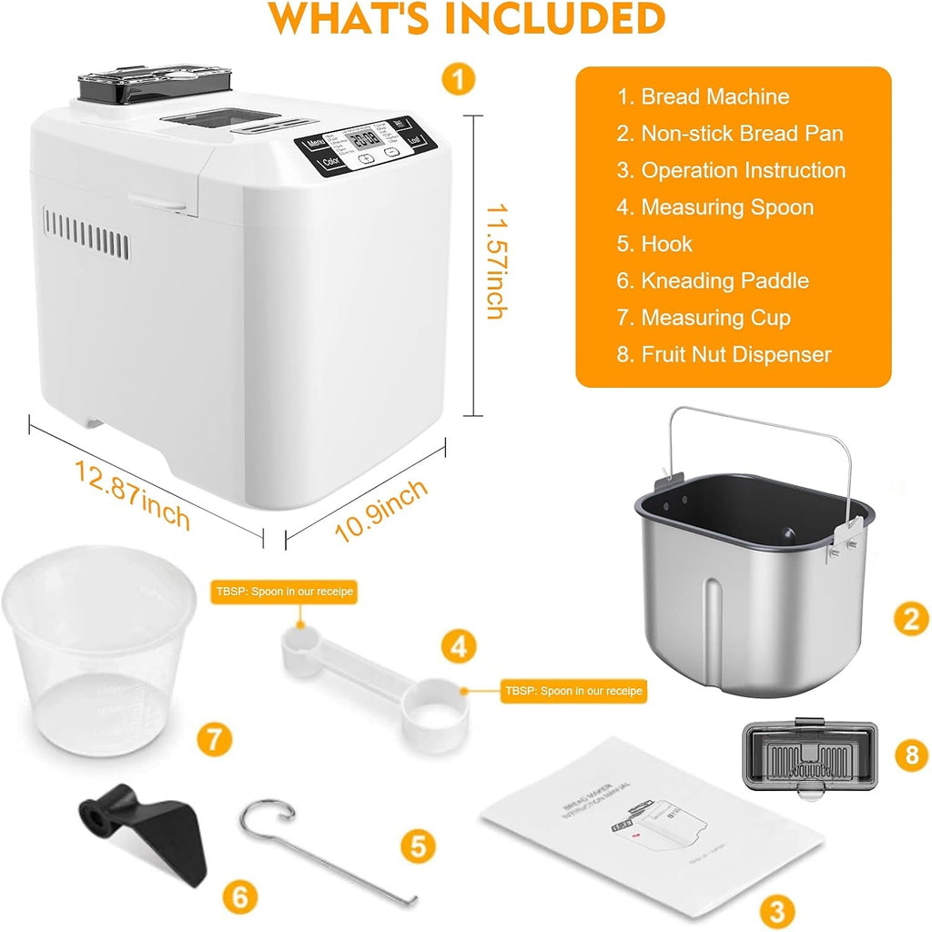 Bread Machine,with 12 Presets,Gluten-Free Setting,Auto Fruit Nut Dispenser & Nonstick Pan,2 Loaf Sizes,13H Reserve & 1H Keep Warm (White)