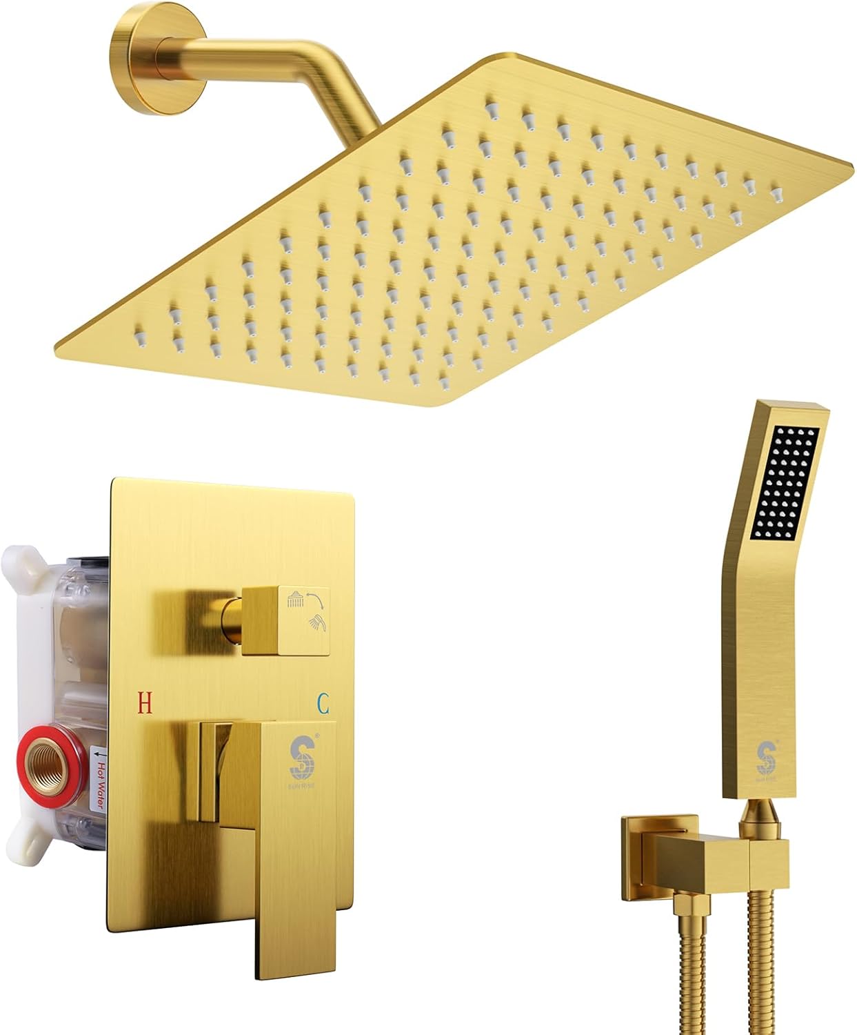 SR SUN RISE 12 Inches Matte Black Shower System 12 Inch Brass Bathroom Luxury Rain Mixer Shower Combo Set Wall Mounted Rainfall Shower Head System Shower Faucet Rough-in Valve Body and Trim Included