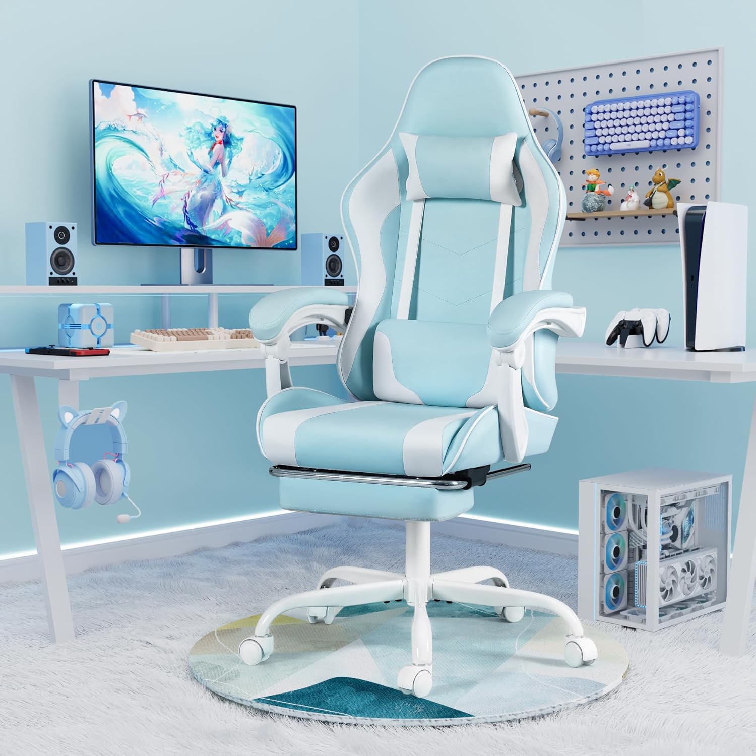 Homall Gaming Chair, Video Game Chair with Footrest and Massage Lumbar Support, Ergonomic Computer Chair Height Adjustable with Swivel Seat and Headrest (Grey)