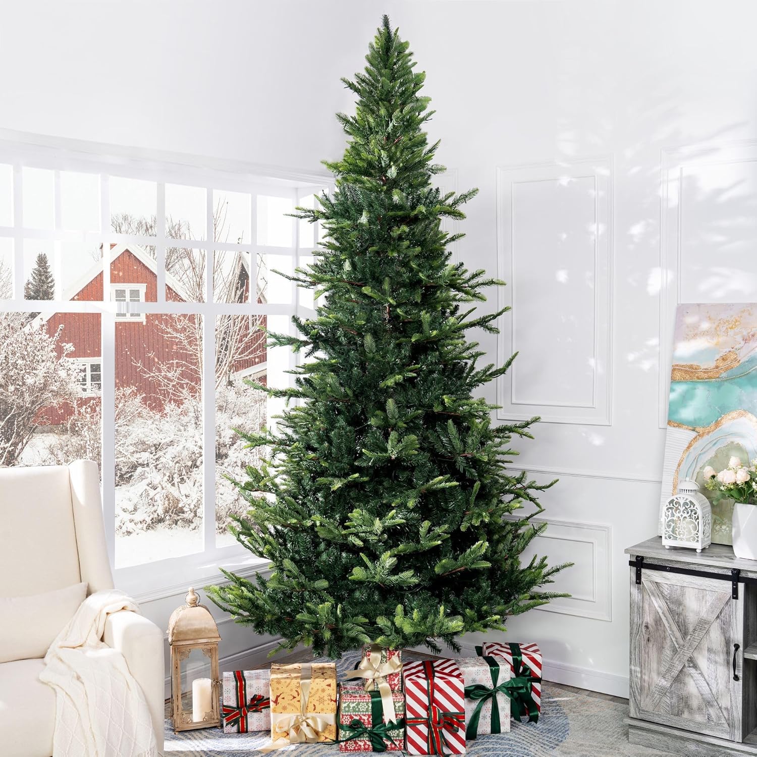 Naomi Home 6.5ft Rustic Christmas Tree with Lights, Realistic Classic Prelit with 2595 Branch Tips, 600 Warm Lights and Metal Stand, Aritificial Tree