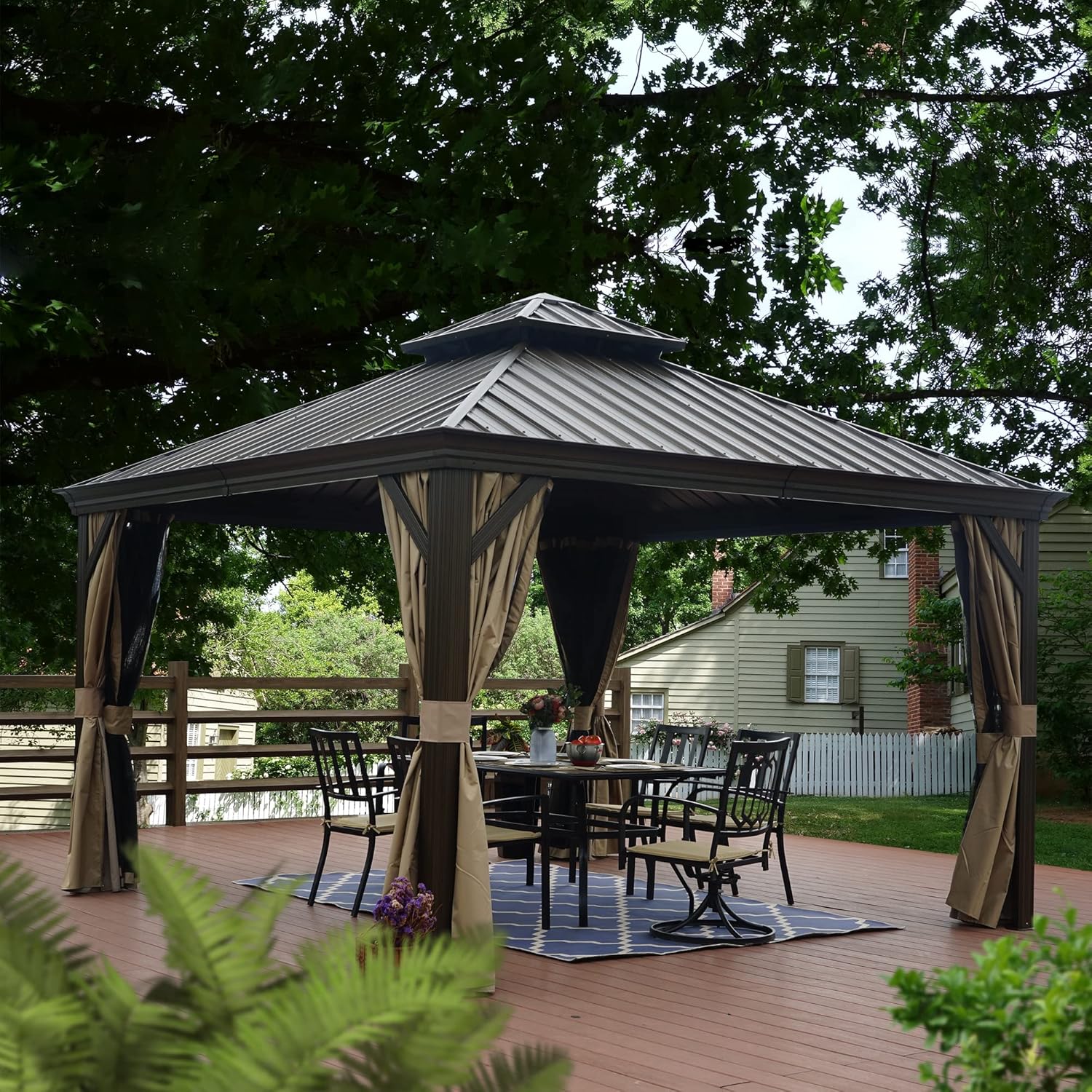 Kozyard Alexander 10' X 12' Hardtop, Aluminum Metal Gazebo with Galvanized Steel Double Roof Canopy, Curtain and Netting, Permanent Pavilion for Patio, Backyard, Deck, Lawn (Gray)