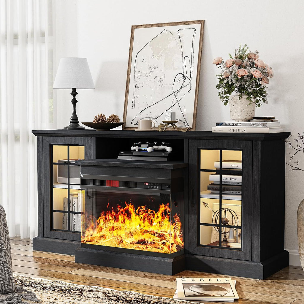 oneinmil 59'' Fireplace TV Stand, 3 Sided Glass Media Entertainment Center Console Table for TVs up to 65'' with Glass Door Adjustable Flame LED Color for Living Room, Set of TV Table, White