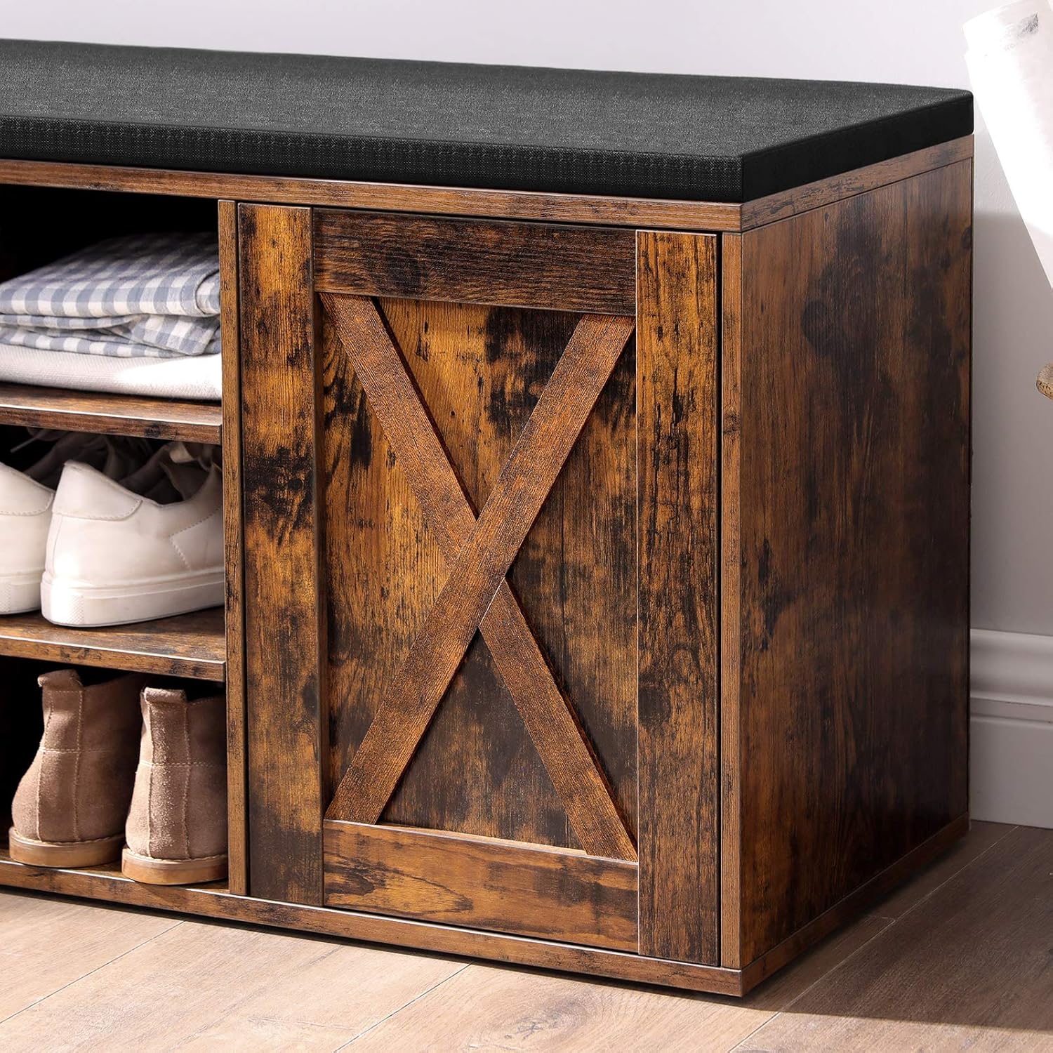 VASAGLE Shoe Bench, Storage Bench with Cupboard and 9 Open Compartments, Shoe Shelf, Padded Seat, Barn Door, 11.8 x 43.3 x 18.9 Inches, Rustic Brown ULHS058X01