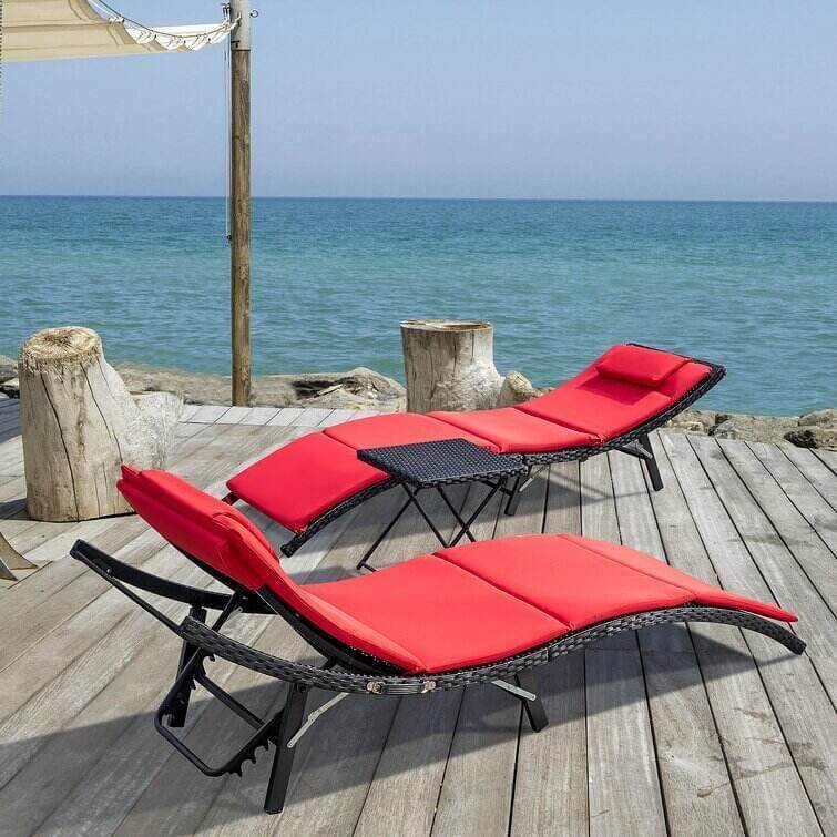 Outdoor Wicker Chaise Lounge - Set of 2 with Table