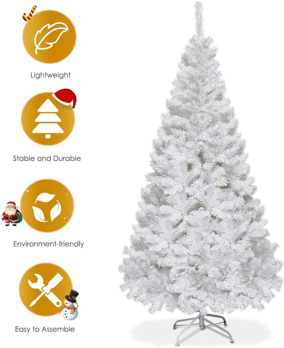 Goplus 7ft Artificial White Christmas Tree Xmas Pine Tree with Solid Metal Legs Perfect for Indoor and Outdoor Holiday Decoration