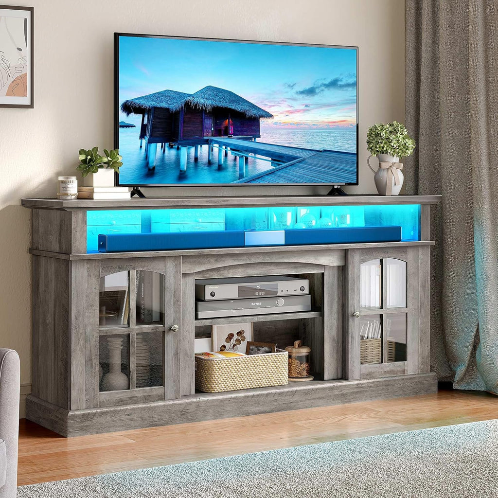 LED Farmhouse TV Stand for TV up to 75" w/Outlets, Highboy Media Entertainment Center Console Table Adjustable Storage Shelves &Cabinet Glass Door for 400lbs for Living Room