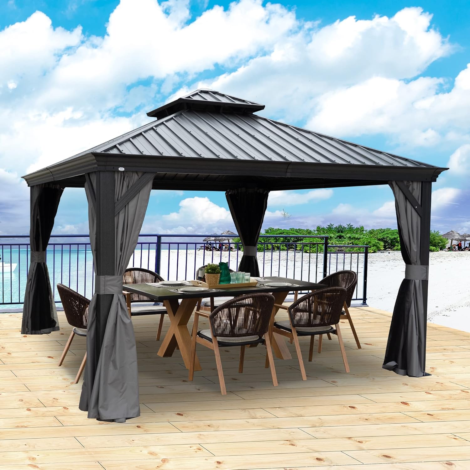 Kozyard Alexander 10' X 12' Hardtop, Aluminum Metal Gazebo with Galvanized Steel Double Roof Canopy, Curtain and Netting, Permanent Pavilion for Patio, Backyard, Deck, Lawn (Gray)
